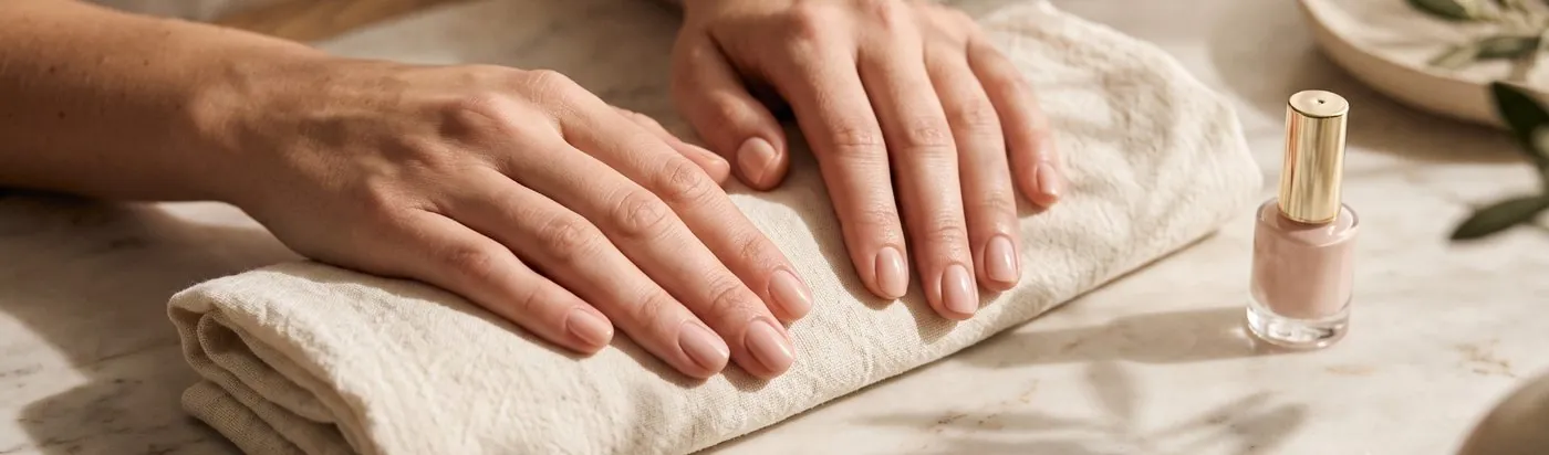 Manos con manicura en tono nude sobre una toalla de lino, junto a un esmalte
